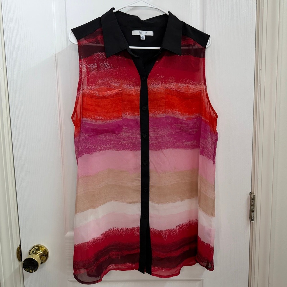 REED multicolor striped lightweight sheer collared button front stretch shirt XL